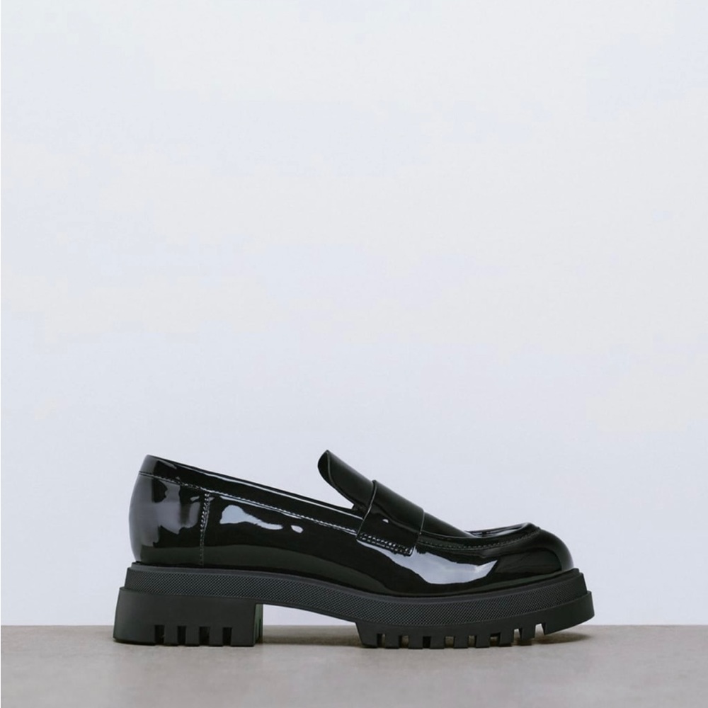 Zara flat treaded patent finish loafers